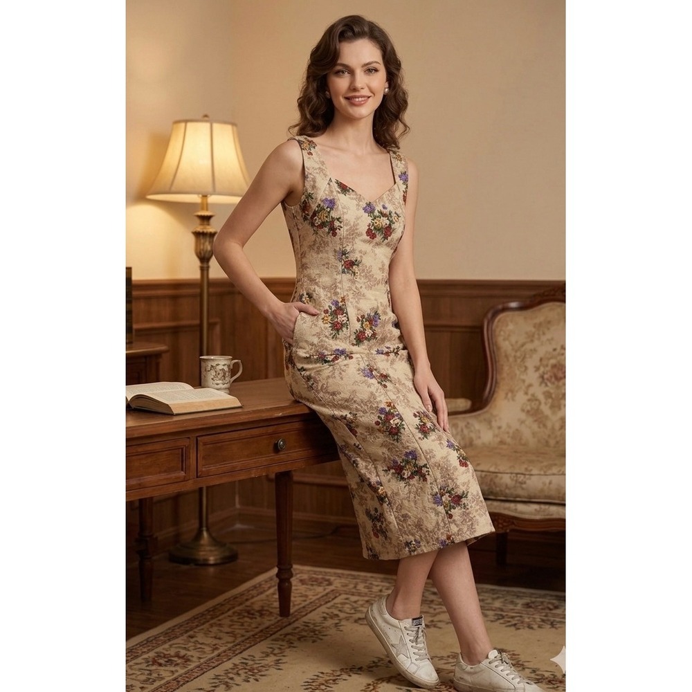 Vintage Floral Tapestry Cross Back Midi Sheath Dress Small